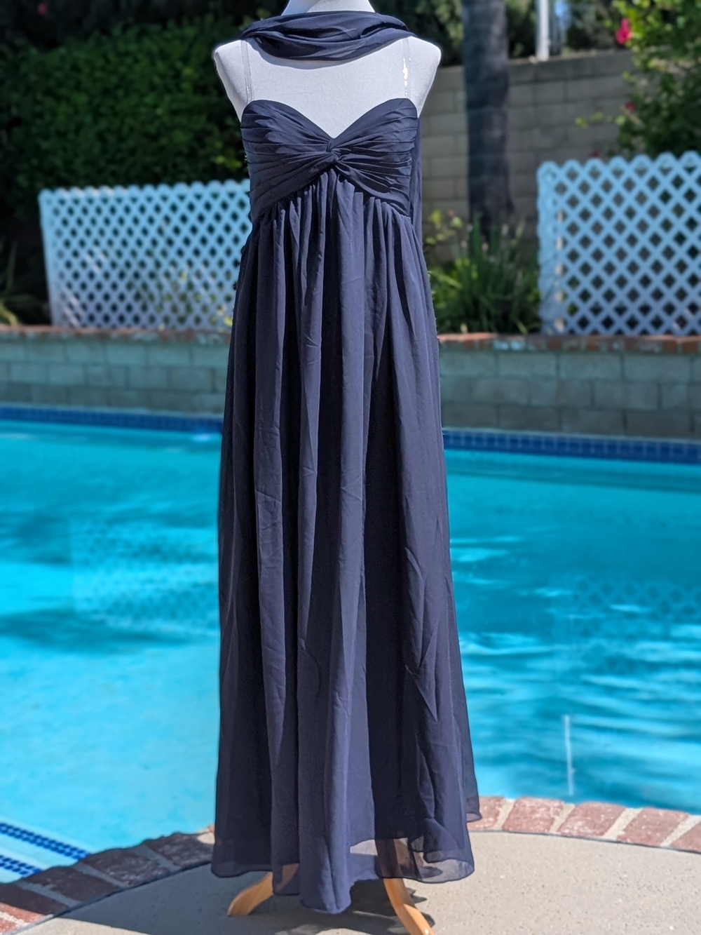 Strapless Navy Twist-Bodice Maxi Dress